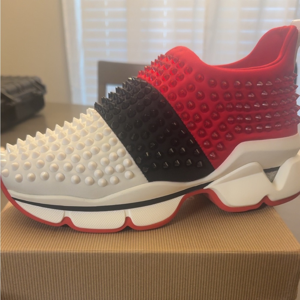 Christian Loubutin Red and White Studded Sneakers